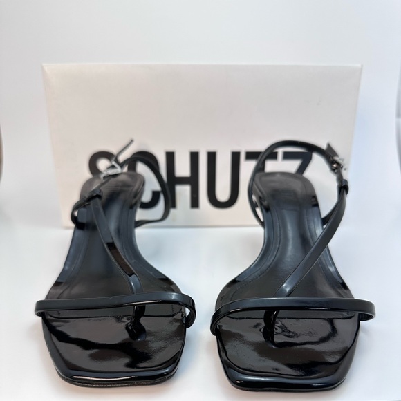 Schutz Heloise Sandal in Black strappy open toe kitten heel shiny patent leather - Picture 3 of 6